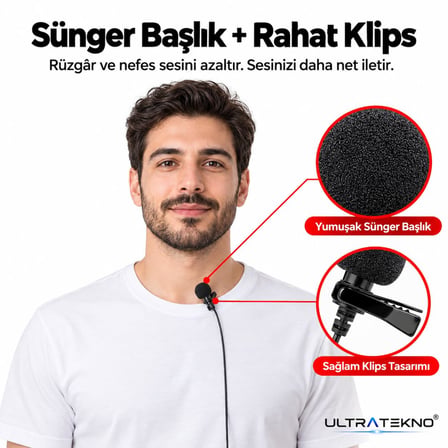 Ultratekno Cep Telefonu Mini Klipsli Mikrofon Type-c Uyumlu Kablo Uçlu Yaka Mikrofonu Lavalier