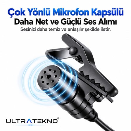 Ultratekno Cep Telefonu Mini Klipsli Mikrofon Type-c Uyumlu Kablo Uçlu Yaka Mikrofonu Lavalier