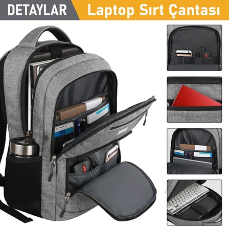 Haegs Laptop Sırt Çantası, Multi Cepli İş Seyahat Çantası, Dizüstü Bilgisayar Sırt Çantası - Gri