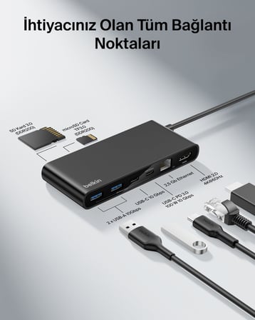 Belkin Connect 8 Portlu USB-C Hub, 4K@60Hz’e kadar çözünürlükleri destekleyen ekran uyumu - Siyah