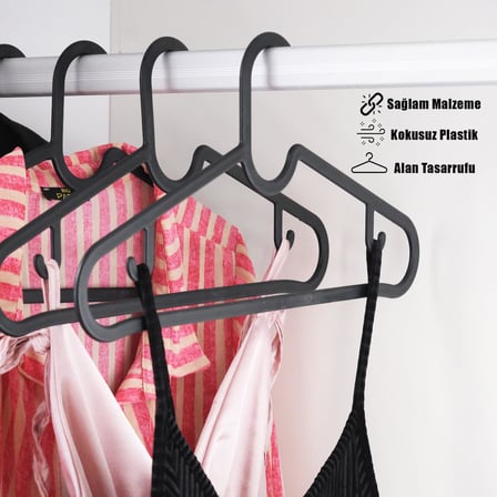 Huub Hanger Plastik Slim Askı, Elbise Askısı, Siyah Askı (Standart, Adet, 30)