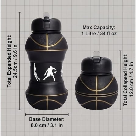 Vios Store Futbol, Basketbol ve Tenis Topu Şeklinde Katlanabilir Matara, 0.5L Silikon Spor Su Şişesi
