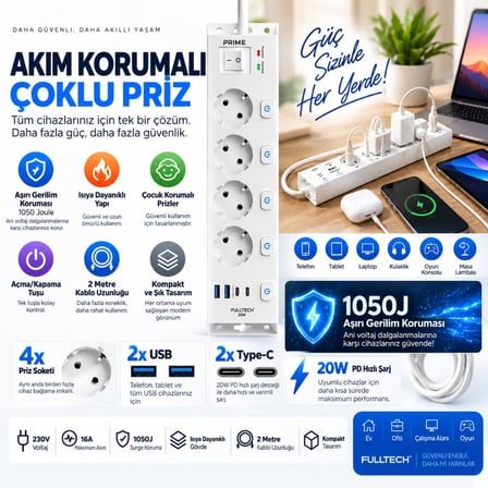 Akım Korumalı Priz, 4x Fiş Soketi, 2x USB Girişi, 2x Type-C Girişi, 20W Pd Hızlı Şarj