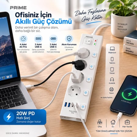Akım Korumalı Priz, 4x Fiş Soketi, 2x USB Girişi, 2x Type-C Girişi, 20W Pd Hızlı Şarj