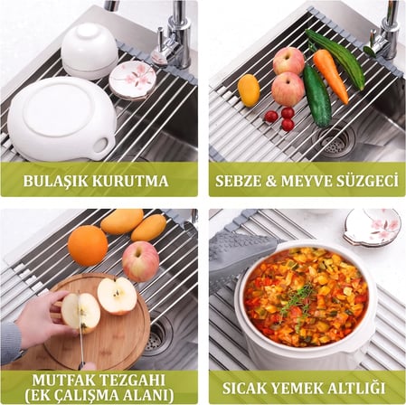 MallArt® Katlanabilir Evye Üstü Bulaşık Kurutmalık Süzgeç 47x29 cm