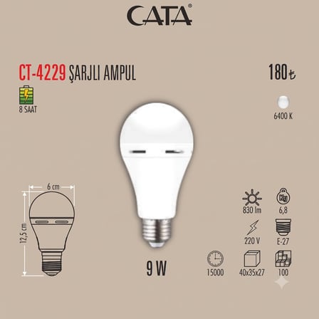 Şarjlı LED Ampul 9W 6400K Beyaz Işık