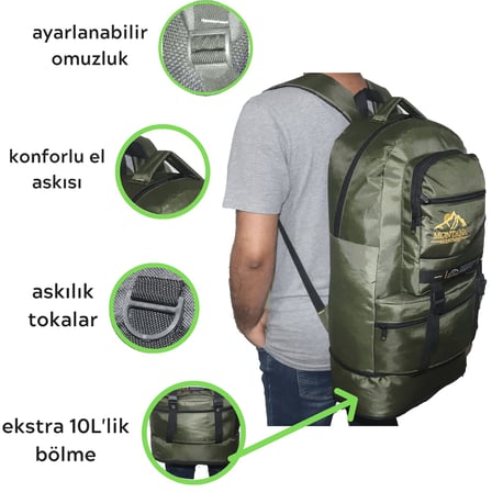 Montana 55+10 Litre Körüklü Su Geçirmez Çok Gözlü Okul-Kampçı-Seyahat-Dağcı-Outdoor Sırt Çantası
