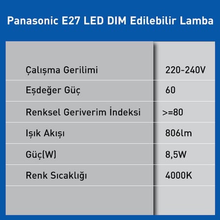 Panasonic E27 LED Dim Lamba 8.5W 806LM 4000K