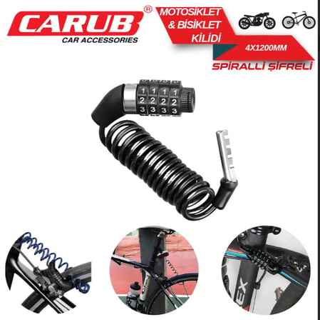 CARUB Spiralli Şifreli Bisiklet ve Motosiklet Kilidi, 4 Haneli Kombinasyon, Siyah, 4x1200mm