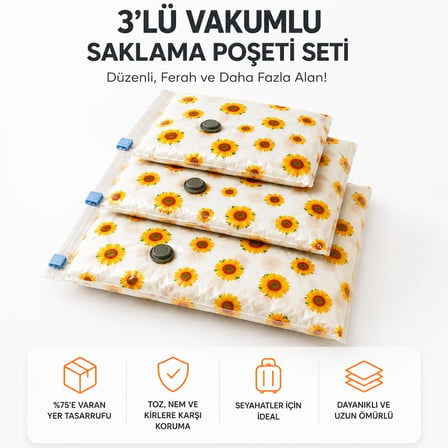 3'lü Vakumlu Hurç Saklama Seti Şeffaf Ön Yüzlü Yorgan Battaniye Kıyafet Düzenleme ve Depolama Poşeti