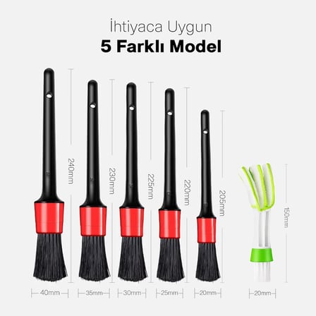 QCraft 5 Parça Araç İçi Temizlik Fırça Seti ve Yeşil Araç Havalandırma Temizleme Fırçası Hediyeli