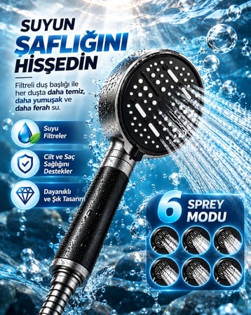 Lexroo 6 Sprey Modlu Filtreli Duş Başlığı Büyük Su Paneli Silikon Nozullu Modern Tasarım