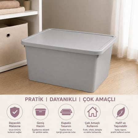 Orret Home 20 Litre Kapaklı Plastik Depolama Kutusu Organizer Kutu Çok Amaçlı Düzenleyici Saklama