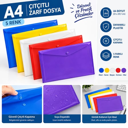hi7 A4 Çıtçıtlı Zarf Dosya 5 Renk