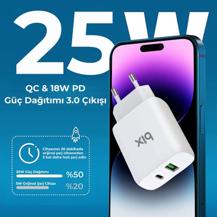 Bix ZH-2U41T 25W PD 3.0 Type-C & USB-A Çift Bağlantı Noktalı Hızlı Şarj Adaptörü, Huawei