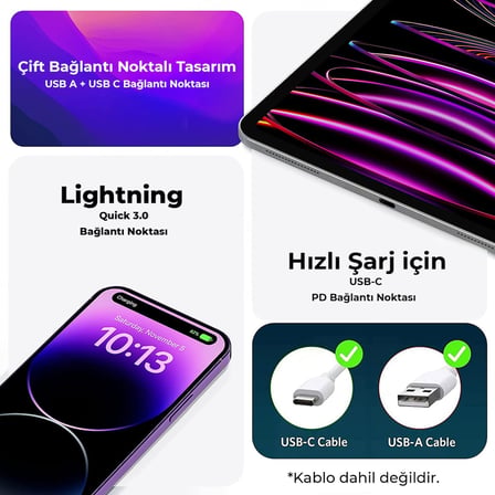 Bix ZH-2U41T 25W PD 3.0 Type-C & USB-A Çift Bağlantı Noktalı Hızlı Şarj Adaptörü, Huawei
