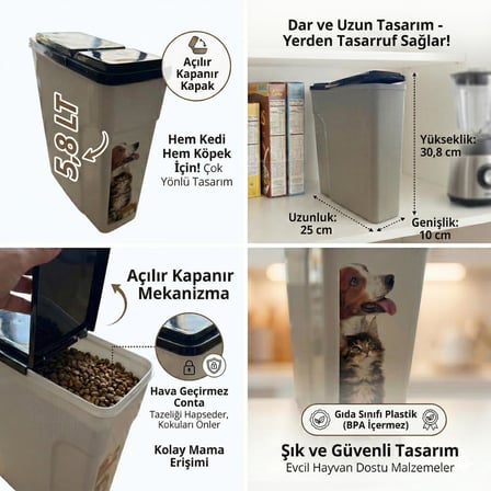Mama Saklama Kabı, 5.8 LT, Kedi ve Köpek için, Hava Geçirmez Kapaklı, BPA İçermez, 25x10x30.8 cm
