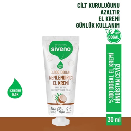 Siveno%100 Doğal El ve Vücut Kremi Hindistan Cevizi Avokado Yoğun Nemlendirici Onarıcı Vegan 30 ml
