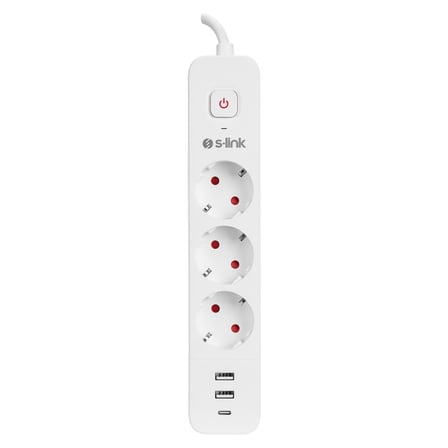 S-link SPG03TC 2 Usb +1Type C 5V2.4A 1.5m 3x1.00mm 100% Bakır 750 Joule 3 lü Anahtarlı Akım