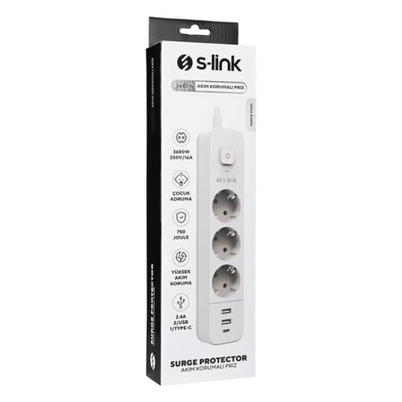 S-link SPG03TC 2 Usb +1Type C 5V2.4A 1.5m 3x1.00mm 100% Bakır 750 Joule 3 lü Anahtarlı Akım