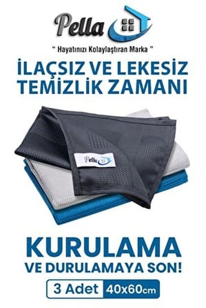 Lexroo Pella- Orijinal Pella- Mikrofiber Temizlik Bezi 2x(3'LÜ PAKET) Toplam 6 Adet(MAVİ,GRİ,FÜME)