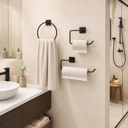 Alper Banyo 3’lü Siyah Banyo Seti, Yapışkanlı ve Vidalı Montajlı Havluluk, Tuvalet Kağıtlığı