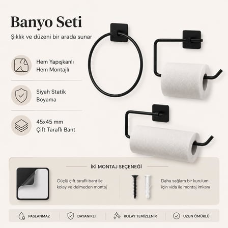 Alper Banyo 3’lü Siyah Banyo Seti, Yapışkanlı ve Vidalı Montajlı Havluluk, Tuvalet Kağıtlığı