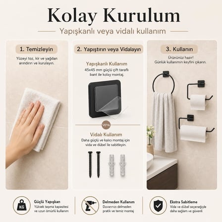 Alper Banyo 3’lü Siyah Banyo Seti, Yapışkanlı ve Vidalı Montajlı Havluluk, Tuvalet Kağıtlığı