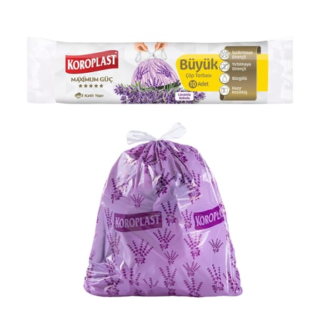 Koroplast Lavanta Kokulu Büyük Boy Büzgülü Çöp Poşeti 10'Lu 65X70 Cm