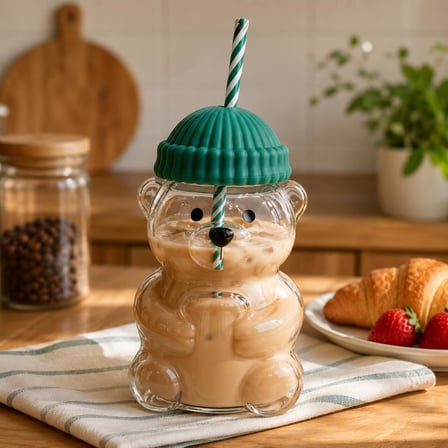 Orret Home 580 ML Ayıcık Desenli Cam Bardak Pipetli Silikon Kapaklı Soğuk Kahve Bardağı Şeffaf Cam