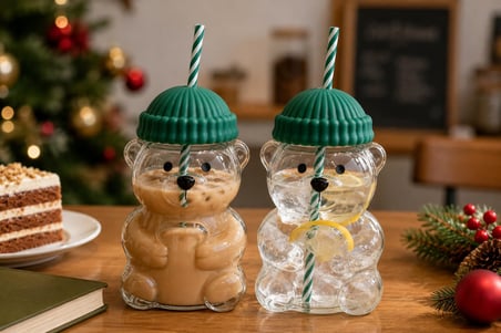 Orret Home 580 ML Ayıcık Desenli Cam Bardak Pipetli Silikon Kapaklı Soğuk Kahve Bardağı Şeffaf Cam