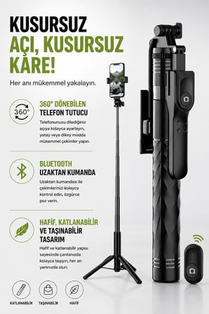 Coverzone Bluetooth Selfie Çubuğu ve Tripod, 360° Dönebilen Telefon Tutucu, Uzaktan Kumandalı