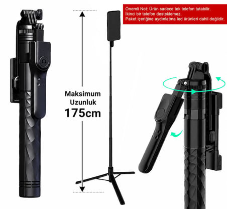 Coverzone Bluetooth Selfie Çubuğu ve Tripod, 360° Dönebilen Telefon Tutucu, Uzaktan Kumandalı