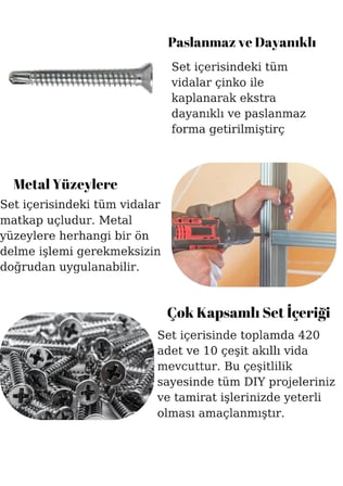 Netzerkoz All Essential Fasteners 420'li Akıllı Havşa Başlı Vida Seti–10 Çeşit Matkap Uçlu –takım