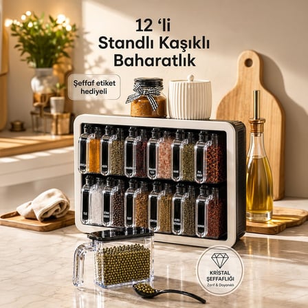 Porsima 1165 Simple 12 li Standlı Kendinden Yapışkanlı Kaşıklı Kapaklı Baharatlık - Siyah Beyaz