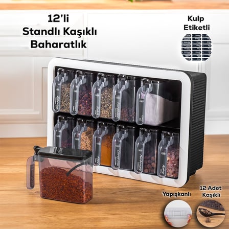 Porsima 1165 Simple 12 li Standlı Kendinden Yapışkanlı Kaşıklı Kapaklı Baharatlık - Siyah Beyaz