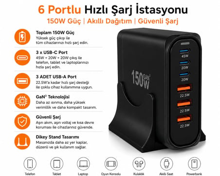 Orret Home 150W GaN Hızlı Şarj İstasyonu, 6 Portlu Masaüstü Şarj Aleti