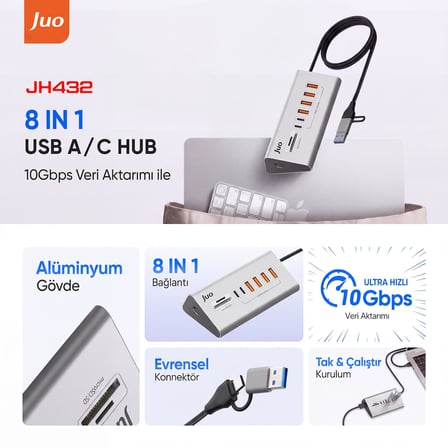 Juo JH432 Type-C ve USB-A 8 Portlu 4*USB-A 2*Type-C 10Gbps USB Hub Çoklayıcı SD/MicroSD Kart