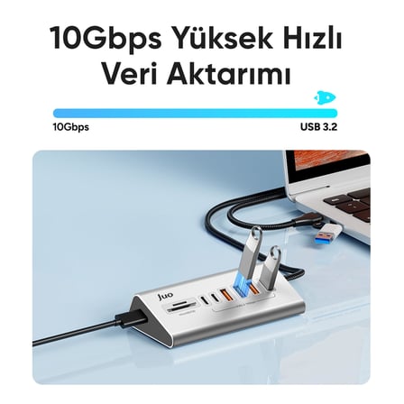 Juo JH432 Type-C ve USB-A 8 Portlu 4*USB-A 2*Type-C 10Gbps USB Hub Çoklayıcı SD/MicroSD Kart