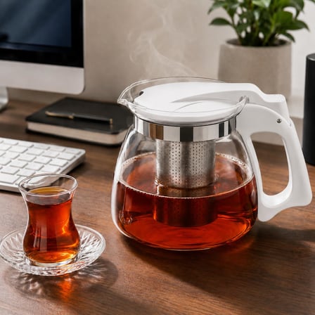 Kabakoz Cam Demlik 900ml, Paslanmaz Çelik Süzgeçli Filtreli Çaydanlık, Çay, Bitki Çayı Süzgeci
