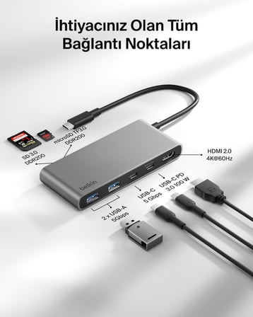 Belkin USB-C Hub, 7 Portlu, 60 Hz’de 4K HDMI Ekran Desteği, SD ve MicroSD Yuvaları