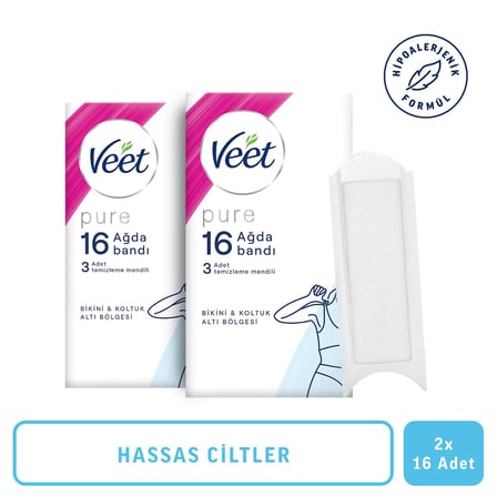 Veet Pure Hipoalerjenik Bikini & Koltuk Altı Ağda Bandı, (2 x 16 Adet), Ağda Bandı