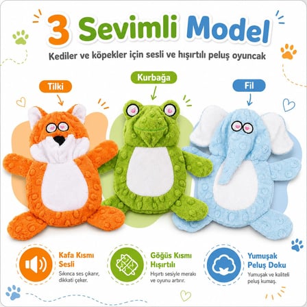 SOGUD Kedi Köpek Oyuncağı Sesli Hışırtılı Peluş Tilki, Isırınca Ses Çıkaran Kafa