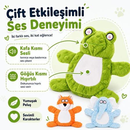 SOGUD Kedi Köpek Oyuncağı Sesli Hışırtılı Peluş Tilki, Isırınca Ses Çıkaran Kafa