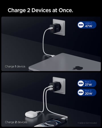 Spigen 47W USB-C 2 Port Mini Hızlı Şarj Aleti PPS 2.0 Super Hızlı Şarj GaN Pro Isı - ACH09457