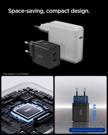 Spigen 47W USB-C 2 Port Mini Hızlı Şarj Aleti PPS 2.0 Super Hızlı Şarj GaN Pro Isı - ACH09457