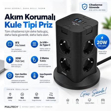 Akım Korumalı Kule Tipi Priz, 8'li Priz Soketi, 8x Fiş Soketi, 2x Usb Girişi, 2x Type-C Girişi