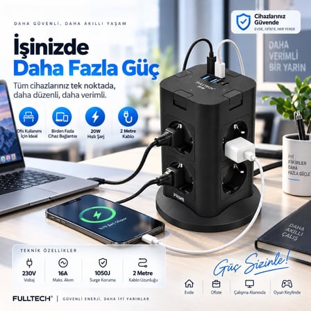 Akım Korumalı Kule Tipi Priz, 8'li Priz Soketi, 8x Fiş Soketi, 2x Usb Girişi, 2x Type-C Girişi