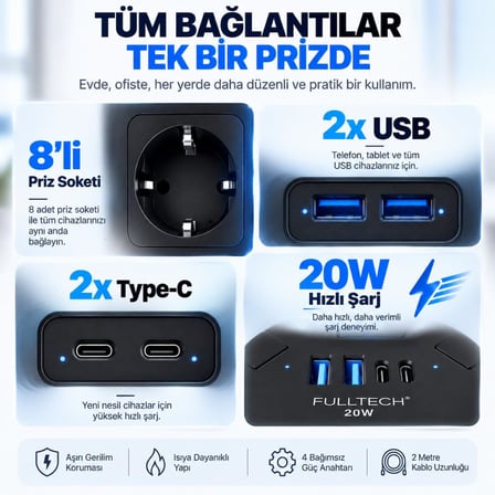 Akım Korumalı Kule Tipi Priz, 8'li Priz Soketi, 8x Fiş Soketi, 2x Usb Girişi, 2x Type-C Girişi