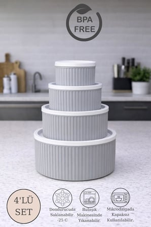 4 Adet Yuvarlak Saklama Kabı Seti Çizgili Desenli 3 LT 1.8 LT 1 LT 0,55 LT Buzdolabı Düzenleyici